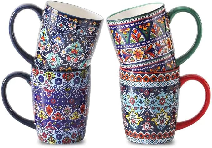glowworm 16 oz Coffee Mugs Set of 4, Large Ceramic Coffee Cups for Women and Men, Colorful Mugs Set with Handles for Latte, Hot Cocoa, Tea, Dishwasher & Microwave Safe, Bohemian