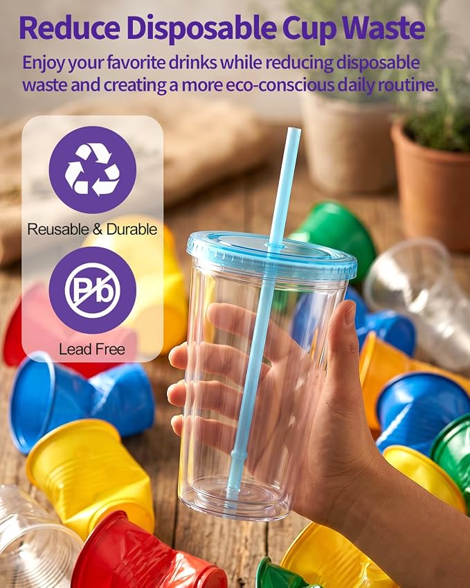 Zukro Clear Tumbler with Lid and Straw 16 oz, Wide Mouth Double Walled Insulated Reusable Acrylic Plastic Iced Coffee To Go Cup for Loaded Tea, Water, Lemonade, Fit in Cupholder, BPA Free, 2 Pack