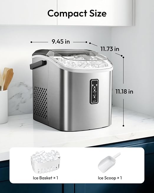 EUHOMY Ice Maker Countertop, 9 Cubes Ready in 6 Mins, 26lbs/24H, Self-Cleaning, Portable Ice Maker Machine with Carry Handle, Basket and Scoop, 2 Sizes of Bullet Ice for Home, Kitchen, Office