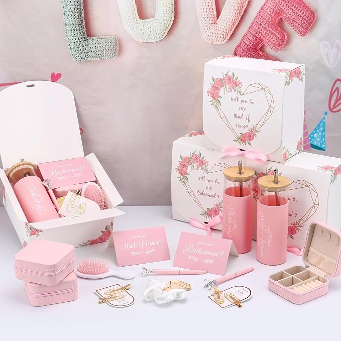 55 Pcs Bridesmaid Proposal Gifts of 6 Sets Maid of Honor Gifts Box Glass Cups Jewelry Box Scrunchies Hair Clips Pen and Invited Cards for Bachelorette Bridal Shower Wedding Party (Pink, 6 Set)