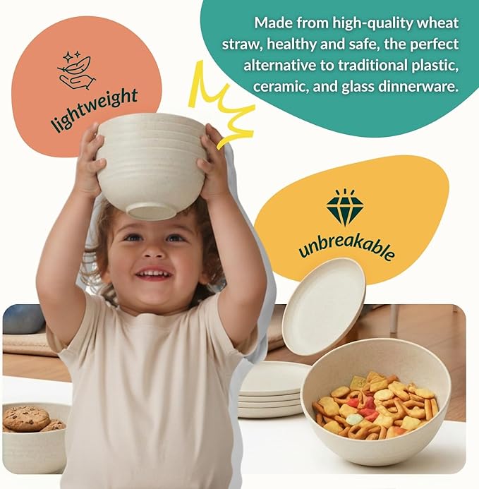 Homienly Wheat Straw Dinnerware Sets 40 PCS Plates and Bowls Sets with Cup Set and Dipping Bowls, Unbreakable Camping Dishes Microwave and Dishwasher Safe Dinnerware Set for Dinner, Outdoor (Beige)
