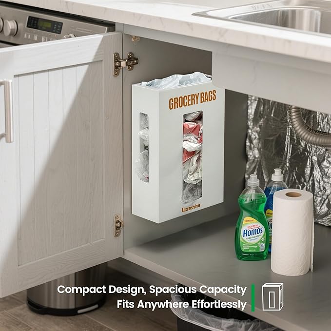 Libreshine Extra Large White Bamboo Grocery Bag Holder for Plastic Bags, Under Sink Cabinet or Wall Mounted Organizer, Space-Saving Bag Dispenser for Kitchen, Pantry, Laundry Room, Garage