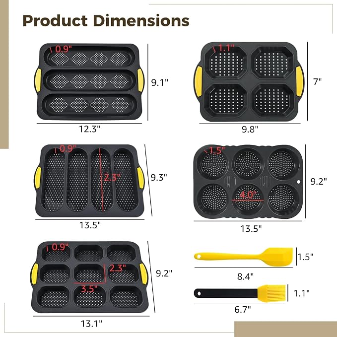 Hamburger Bun Pans for Baking Set of 7-4/6/9 Cup French Bun Mold 3/6 Cup Nonstick Baguette Bread Pan with Brush, Spatula,Non Stick Perforated Baking Pans, Dishwasher Microwave Safe
