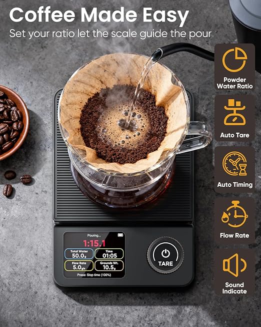INSMART Coffee Scale with Timer, Rechargeable Digital Coffee Scale with App Sync 5kg/0.1g High Precision, Coffee Bean Weighing, Barista Brewing, Adjustable Ratios & Flow Rate Display, for Pour-Over