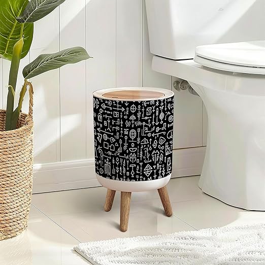 Trash Can with Lid Futhark Norse islandic Seamless Magic Hand Press Top Round Small Garbage Bin with Wooden Legs Waste Basket for Kitchen Bedroom Nursery 7L/1.8 Gallon
