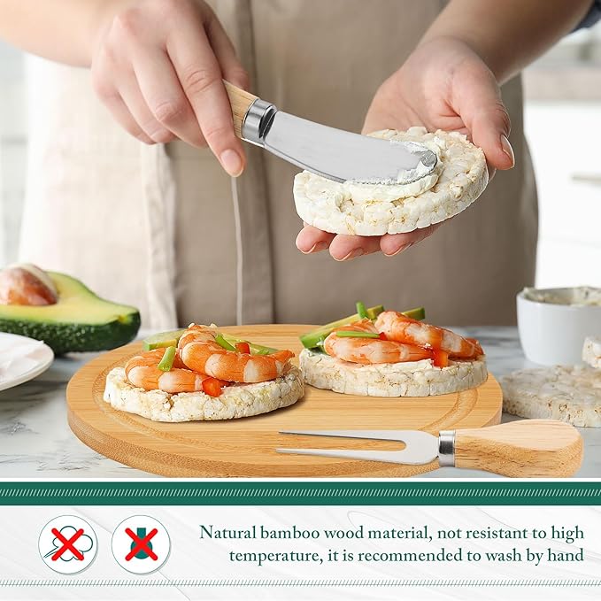 Maxcheck 12 Sets Baby Shower Bridal Game Prizes for Winners Round Cheese Board Set Wood Mini Charcuterie Board with Knives and Forks Thank You Card with Gift Box for Guests Wedding (Bamboo)