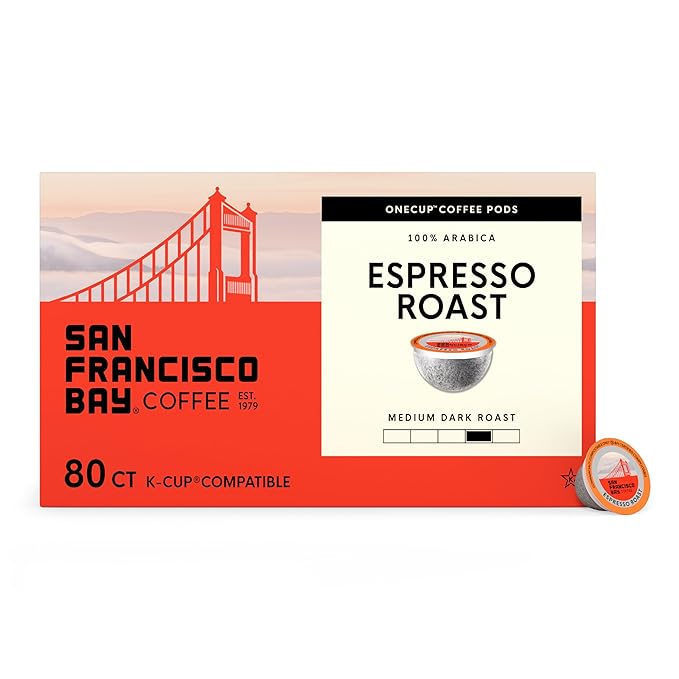 San Francisco Bay K-Cup Coffee Pods, Espresso Roast (80 ct), Medium-Dark Roast, Commercially Compostable Single-Serve Coffee Pods