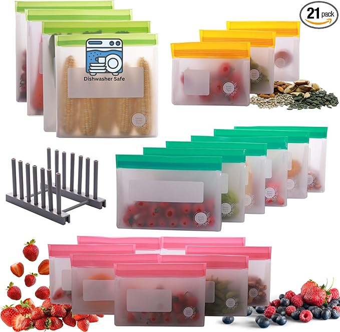 Reusable Food Storage Bags – 21-Pack Stand-Up, BPA-Free, Freezer, Dishwasher Safe & Eco-Friendly – 4 Gal, 6 L, 7 M, 3 S + Rack – Airtight Leakproof, Organization and Storage Bags (Multicolor)