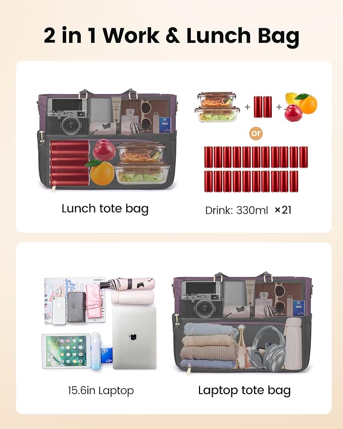 LOVEVOOK Lunch Tote Bag, Large Capacity Insulated Lunch Tote with Compartment, Computer Bag with Purse for Work, Nurse, Business, Black-Purple 15.6 Inch