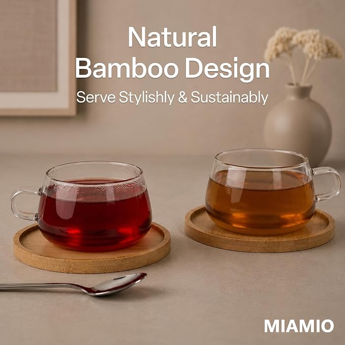 MIAMIO - 4x Glass Coffee/Tea Cups with Saucer (9.5 oz), Cappuccino Mugs/Tea Cup/Glass Mug for Coffee, Tea, Matcha, Latte, Coffee Cup with Saucer in a Set of 4 - Olea (Transparent)