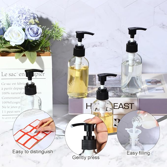 Tanlade Glass Pump Bottle Dispenser 4 oz Travel Bottles with Pump Refillable Glass Containers for Toiletries Lotion Liquid Soap Shampoo Essential Oils Cosmetic Travel Accessories(Clear,24 Pcs)