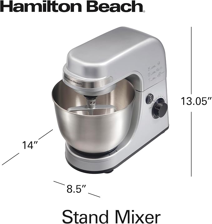 Hamilton Beach Electric Stand Mixer, 4 Quarts, Dough Hook, Flat Beater Attachments, Splash Guard 7 Speeds with Whisk, Silver | Planetary Mixing For Full Bowl Coverage | Splash Guard | 300 Watts | Whisk, Flat Beater, Dough Hook | Silver