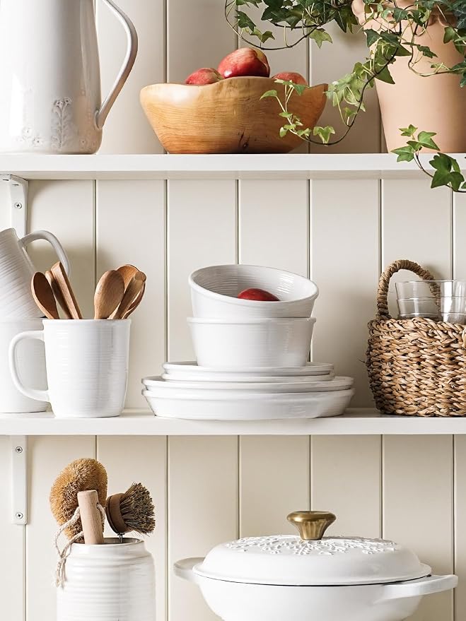 LE TAUCI Dinnerware Sets with Mugs for 4, Stoneware Plates and Bowls Set, Stackable, Microwave & Dishwasher Safe Ceramic Dishes, 16-Piece, White (10" Dinner & 8" Salad Plates, 6" Bowls, 18 oz Cups)