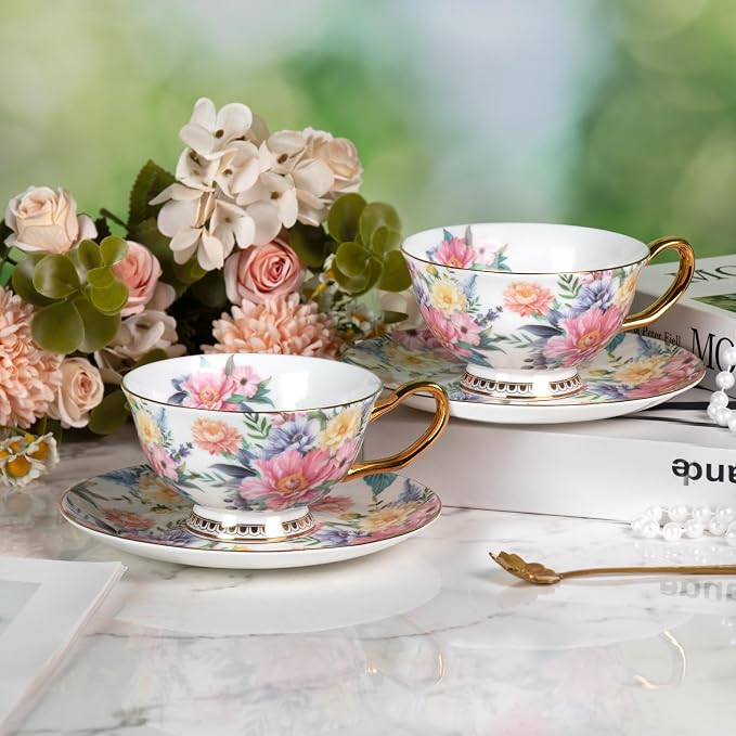 KAMMAK Tea Cups and Saucers Set of 2, Porcelain Coffee Cups, Stackable Espresso Mugs, Ceramic Demitasse for Coffee, Cappuccino, Latte, Americano, Tea, Blooming Flowers