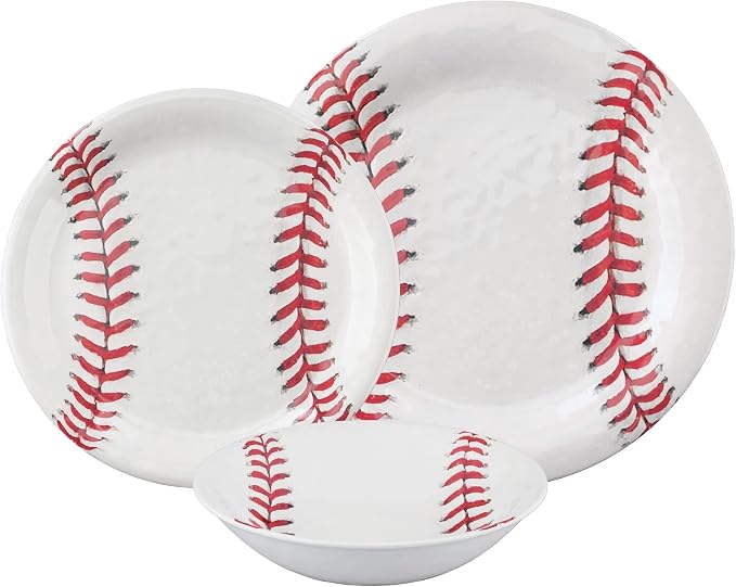 UPware 12 Piece Baseball Melamine Dinnerware Sets, Outdoor Dishes Set, Plates and Bowls Sets, Service for 4, White