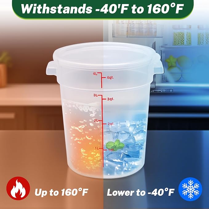 4 Pack 4Qt Round Polypropylene Food Storage Container with Lids Scale | Translucent containers with lids, easy-read scale, labels and measuring cups; stackable for prep, storage and freezer use.