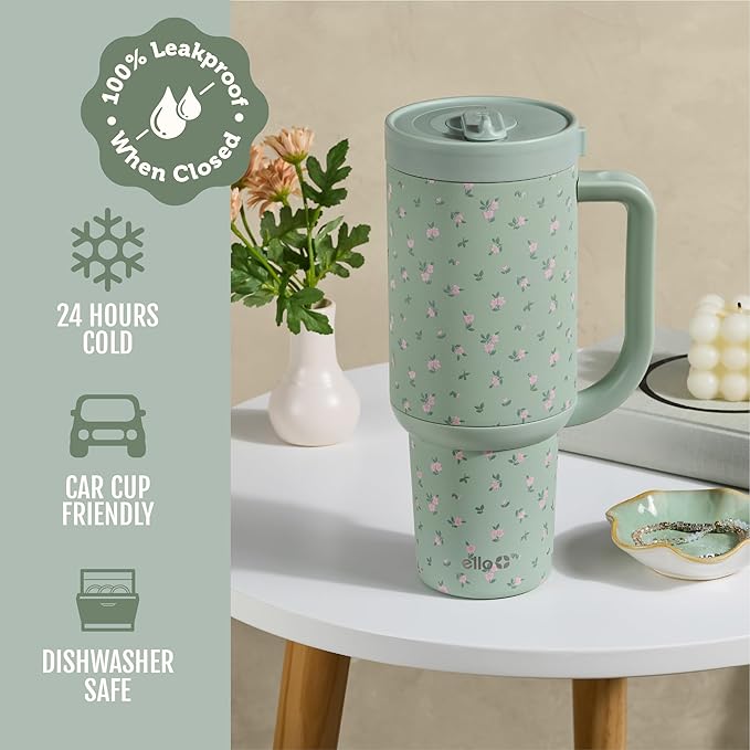 Ello Oasis 30oz Tumbler with Handle & Retracting Straw | Reusable Insulated Stainless Steel Cup 100% Leakproof | Gifts for Teens Women | Keeps Cold for 23 Hours | Cup Holder Friendly | Full Bloom