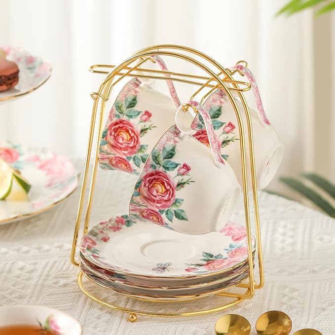15 Piece British Bone China Tea Cup Sets, Elegant red Rose Pattern, Cups and Saucers Service for 4, with Teapot Sugar Bowl Cream Pitcher Teaspoons for Tea/Coffee, Gifts Set for Adults.