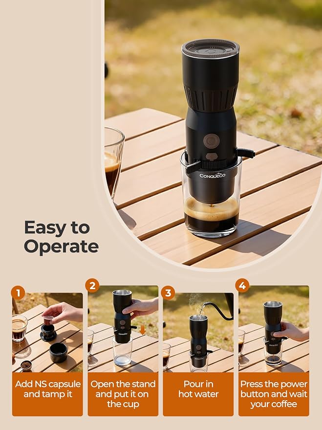 Portable Electric Espresso Maker, Mini Camping Coffee Maker for Travel, Pocket Sized Espresso Machine for NS Capsules, 160ML Large Water Tank, Fast Brewing with Hot Water, Travel/Camping/Office