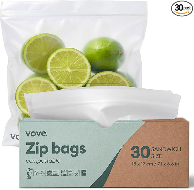 Vove Compostable Sandwich Bags 30 Ct – PFAS-Free, BPI Certified, Freezer Safe with Airtight Seal for Lunches & Meal Prep, Plant-Based