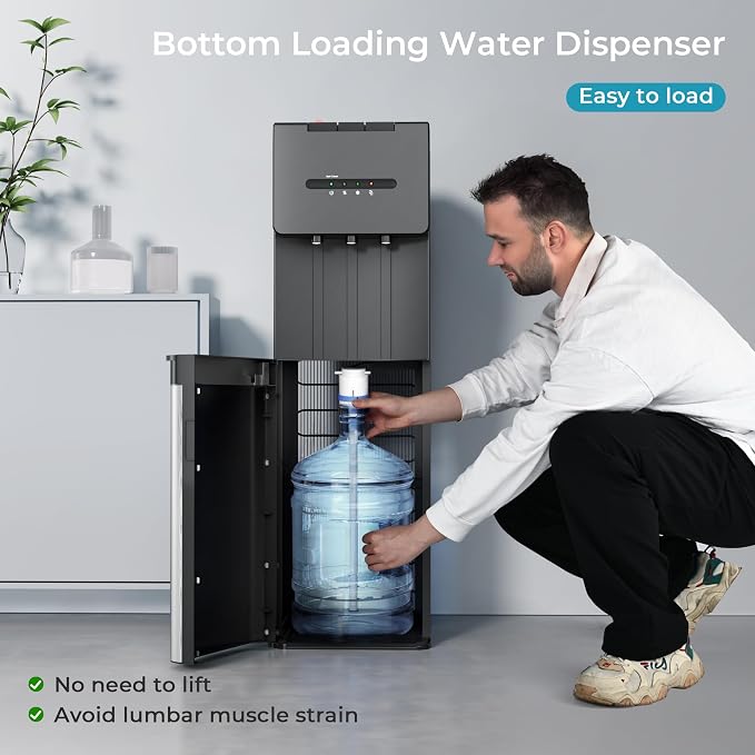 EUHOMY Self Cleaning Bottom Loading Water Dispenser for 3 or 5 Gallon Bottles, Hot Cold and Room Water Cooler with Child Safety Lock, LED Indicator, Empty Bottle Alert, Home Office Apartment, Black