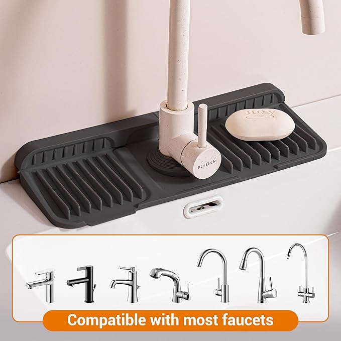 ZJWZLG Faucet Mat for Kitchen Sink, 14"X5.5" Silicone Sink Splash Guard with Soap Holder, Snap-On Design & 7°slope Fast Drain, Folding Sink Faucet Mat for Universal Kitchen Bathroom Sink（Black）