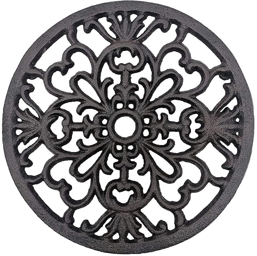 Comfy Hour 7" Decorative Cast Iron Trivet, Round Mandala Hot Pot Holder for Kitchen, Vintage Style Teapot Stand and Hot Pad, Rugged Table Protector for Hot Dishes, Black Finish, 1 Piece