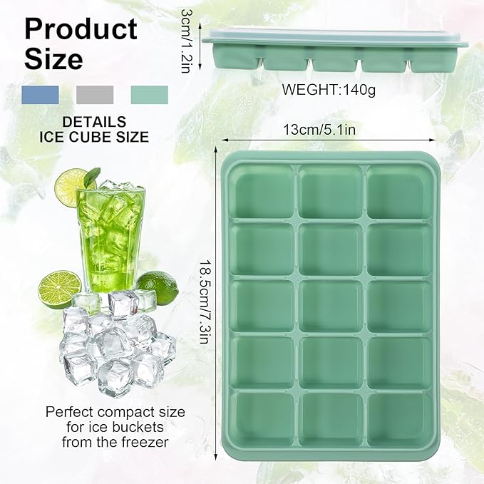 6-Pack Silicone Ice Cube Trays with Lids – Easy Release, Stackable Freezer Ice Molds for Whiskey, Cocktails, Food (Snow Gray, Bamboo Green, Dark Blue)