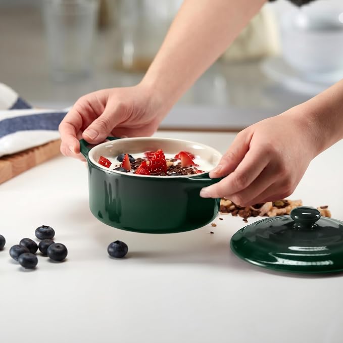 Kook Ceramic Mini Cocotte, Casserole Dish with Lid, 500F, 12 oz, Set of 4, Forest Green