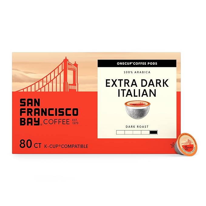 San Francisco Bay K-Cup Coffee Pods, Extra Dark Italian (80 Ct), Dark Roast, Commercially Compostable Single-Serve Coffee Pods