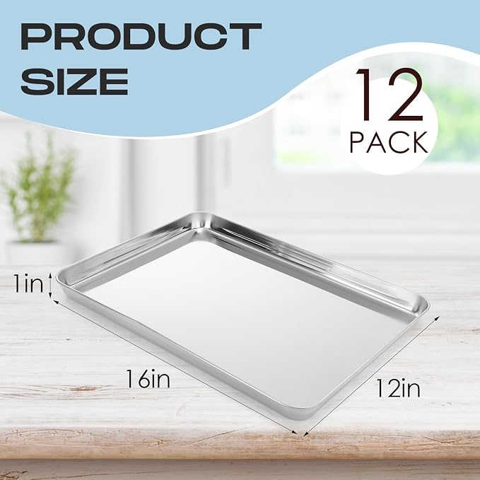 Zopeal 12 Pcs Metal Serving Trays for Food,Baking Sheet Pan Stainless Steel Small Nonstick Cookie Sheet Set Quarter Baking Pan,Toaster Oven and Dishwasher Safe(16 x 12 x 1 Inch)