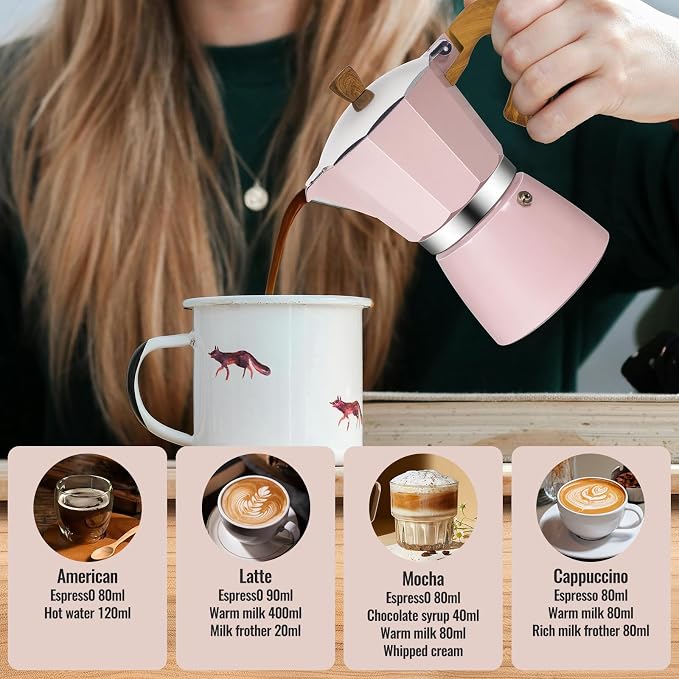 12 Cup Aluminum Moka Pot Classic Stovetop Espresso Coffee Maker 600ml 20oz Coffeemaker Percolator Mocha Pot Greca Coffee Maker Cafe Makers for Italian and Cuban Café Brewing Pink
