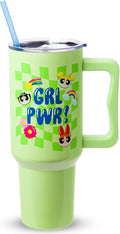 Silver Buffalo The Powerpuff Girls Girl Power Groovy Retro Featuring Blossom, Bubbles, and Buttercup Double Walled Stainless Steel Tumbler with Handle and Straw, Fits in Standard Cup Holder, 40 Ounces