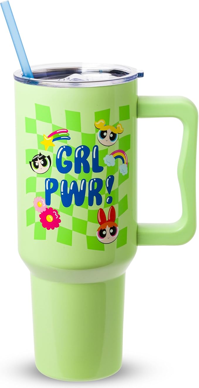 Silver Buffalo The Powerpuff Girls Girl Power Groovy Retro Featuring Blossom, Bubbles, and Buttercup Double Walled Stainless Steel Tumbler with Handle and Straw, Fits in Standard Cup Holder, 40 Ounces