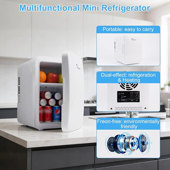 Mini Fridge, 4L/6 Can Portable Personal Refrigerator - Cooler and Warmer, Ideal for Car Use and for Skin Care, Cosmetics, Beverage, Food, Great for Bedroom, Office, Dorm
