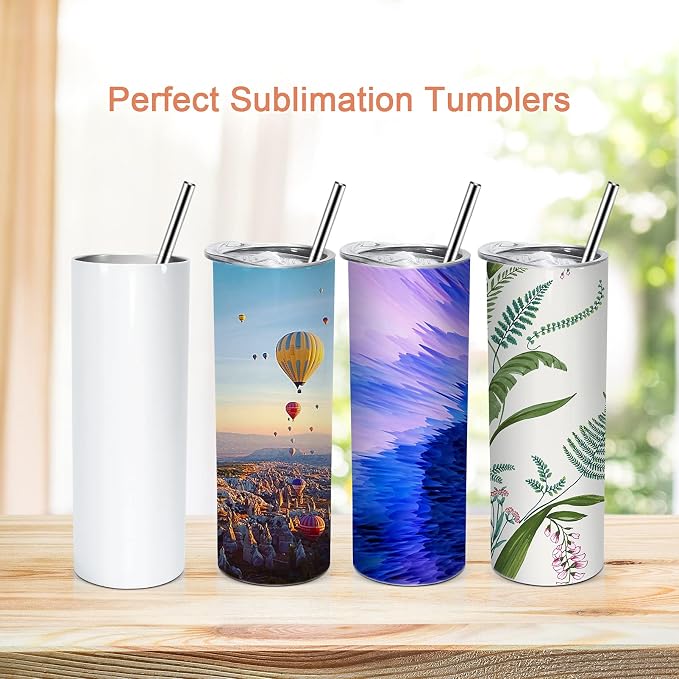 AGH 10 Pack Sublimation Tumblers Blank with Colorful Lids and Metal Straw, 20 OZ Straight Skinny Tumbler with Straw, Stainless Steel Double Wall Insulated Cups for Tumbler Press Machine