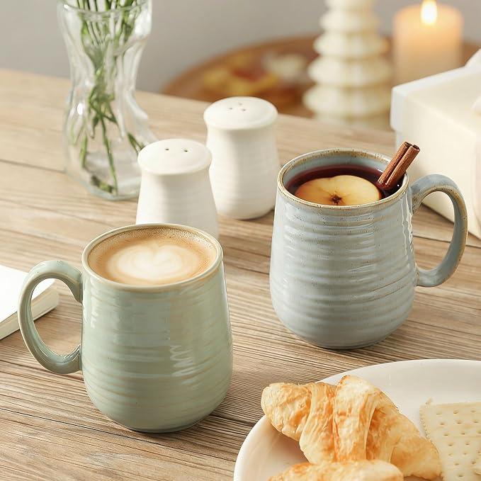 Coffee Mugs Set of 4, 15 Ounce Ceramic Coffee Cups with Handle, Large Mug Set for Latte, Tea, Chocolate, Modern Cup Gift for Men and women, Dishwasher & Microwave Safe,Sage Green
