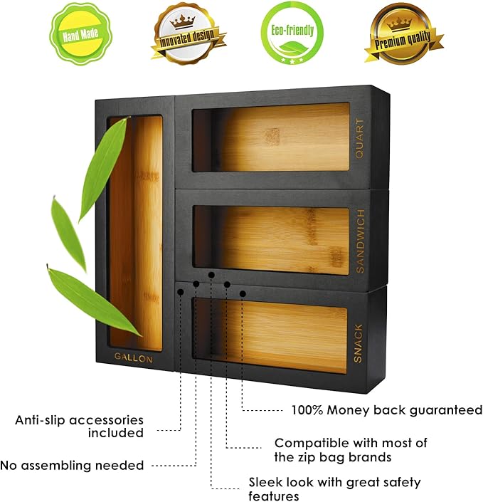 Cozee Bay Bamboo food Bag Organizer for Kitchen Drawer, Baggie organizer, Compatible with Gallon, Quart, Sandwich and Snack Variety Size Bags (4 Piece Set) (Black)