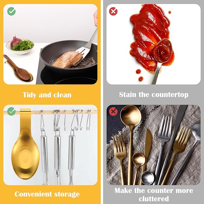 10 Pcs Gold Stainless Steel Spoon Rest, Spatula Ladle Holder Utensil Spoon Rest for Stove Top/Countertop Heavy Duty Ladle Holder for Kitchen Cooking Utensils, Dishwasher Safe, 3.8'' x 9.8''