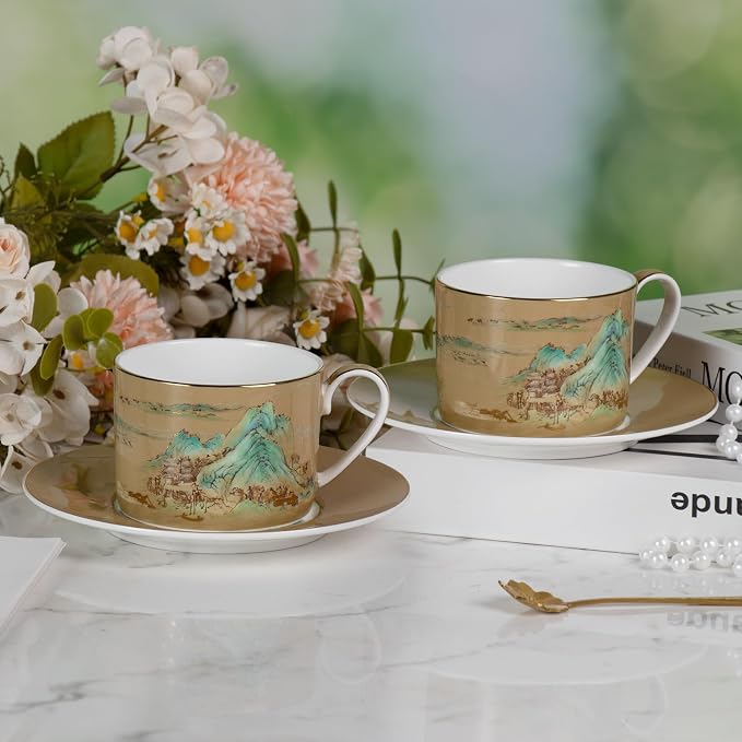 KAMMAK Tea Cups and Saucers Set of 2, Porcelain Coffee Cups, Stackable Espresso Mugs, Ceramic Demitasse for Coffee, Cappuccino, Latte, Americano, Tea, Large - River and Mountains