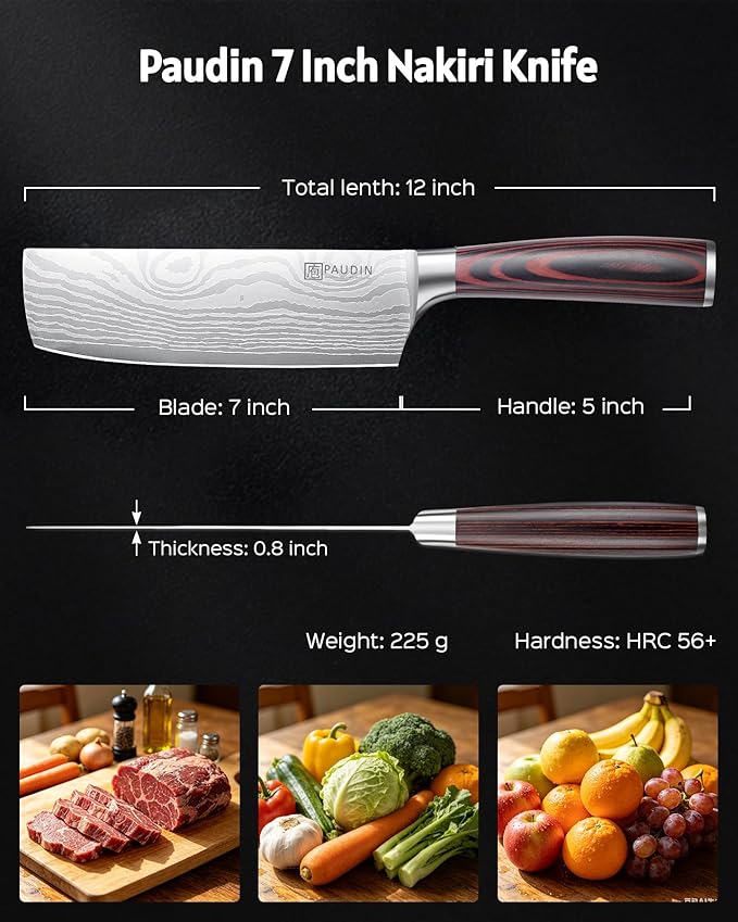 PAUDIN Nakiri Knife - 7" Razor Sharp Meat Cleaver and Vegetable Kitchen Knife, High Carbon Stainless Steel, Multipurpose Asian Chef Knife for Home and Kitchen with Ergonomic Handle