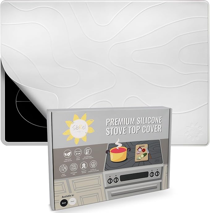 Stove Top Covers for Electric Stove - Silicone Stove Mat for Glass Top Stove - 28"x20" Stove Top Protector, Heat Resistant (450°F), XL Dish Drying Mat, Stove Cover – Pearl White
