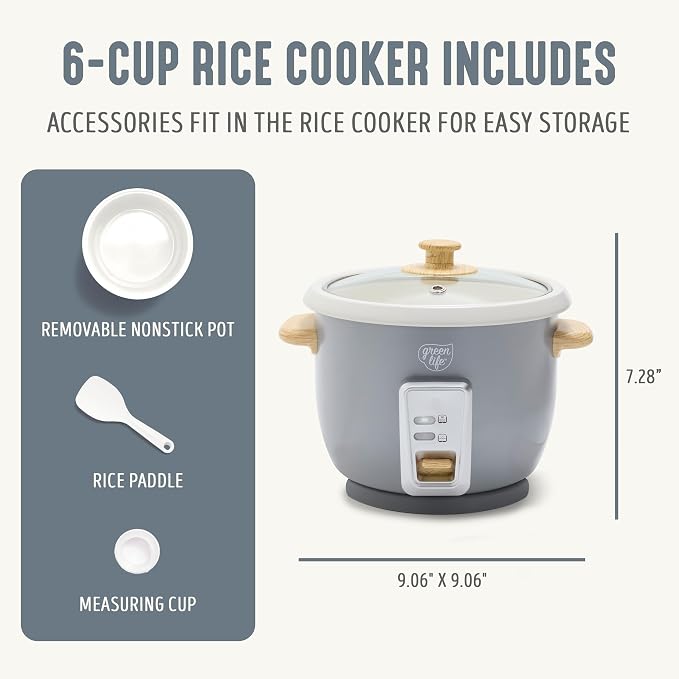GreenLife Rice Cooker with Removable PFAS-Free Ceramic Nonstick Pot, 3-Cups Uncooked/6-Cups Cooked, Grains & Oatmeal Multicooker, Compact One-Switch Design, Auto Keep Warm, Easy Clean, Gray