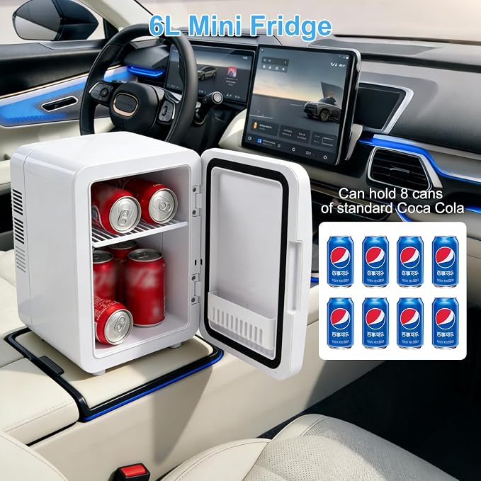 Mini Fridge, 6L/8 Can Portable Personal Refrigerator - Cooler and Warmer, Ideal for Car Use and for Skin Care, Cosmetics, Beverage, Food,Great for Bedroom, Office, Dorm