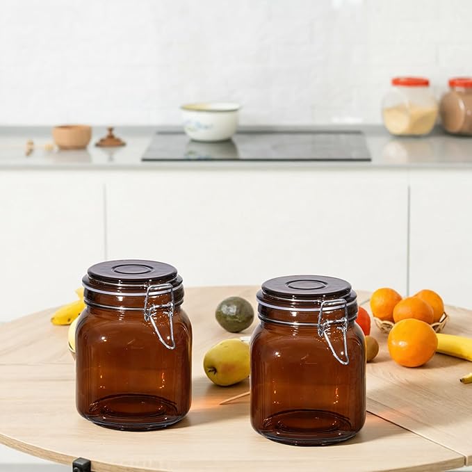 Norme 6 Pack 34oz Amber Airtight Glass Jars with Lids, Square Food Storage Container Airtight Food Wire Clip Fastening for Sauerkraut Flour Kitchen Sugar Cereal Kitchen Canning Pickling Mason Jars