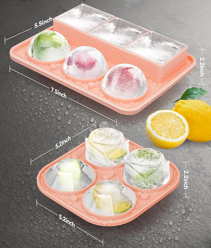 Ice Cube Tray with Lid, Silicone Ice Molds with Round, Square, Diamond, Rose, Large Ice Cube Mold for Whiskey, Bourbon, Cocktails, Easy Release BPA Free, Set of 2
