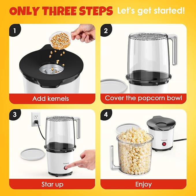 Vminno Quick & Easy Hot Air Popcorn Popper Maker with Built-In Serving Bowl, 2 Quarts, Etl Certified, No Oil Popcorn Poppers for Home with On/Off Switch for Family Movie Nights, Parties