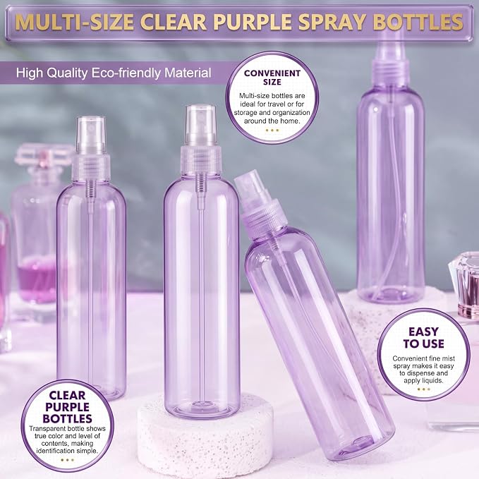 Eccliy 32 Pcs 8 oz Spray Bottles Fine Mist Plastic Spray Bottles Empty Sprayer Hairs Refillable Travel Sprayer with Pump Cap for Cleaning Oils Travel Perfumes (Purple,Clear)