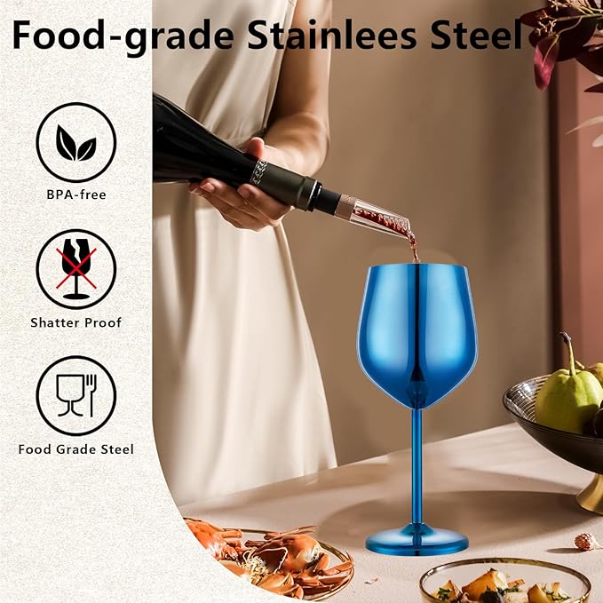 UNISWEET Stainless Steel Wine Glasses Set of 4 Unbreakable Wine Glass 18 oz Unique Metal Wine Goblets for Outdoor, Travel, Camping, Pool, Ideal Gift for Wine Lovers (Blue)