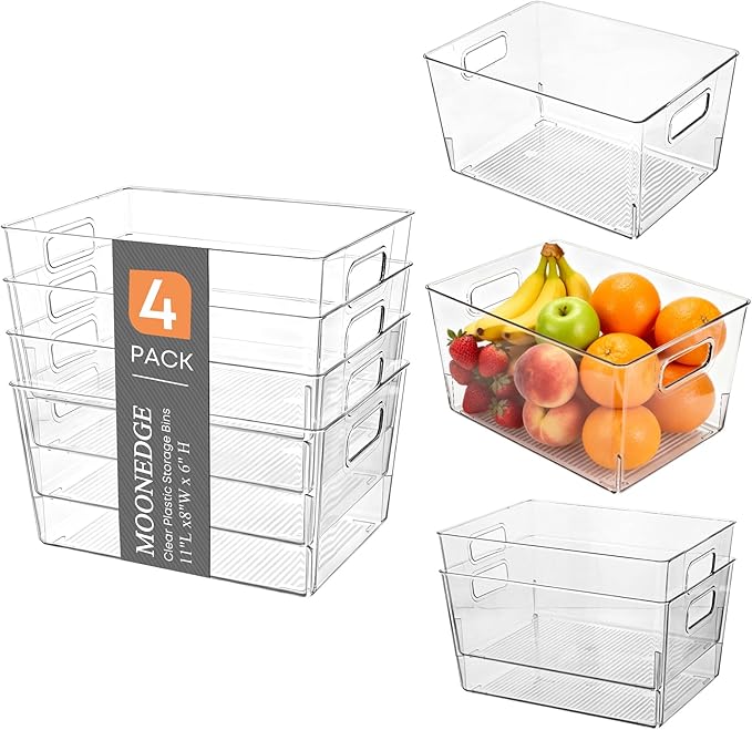 MOONEDGE Large Clear Plastic Storage Bins 4 Pack, 12" x 8" x 6" Stackable & Durable Organizers for Kitchen, Pantry, Refrigerator & Bathroom – Food Safe, Easy to Clean, Ideal for Home Organization